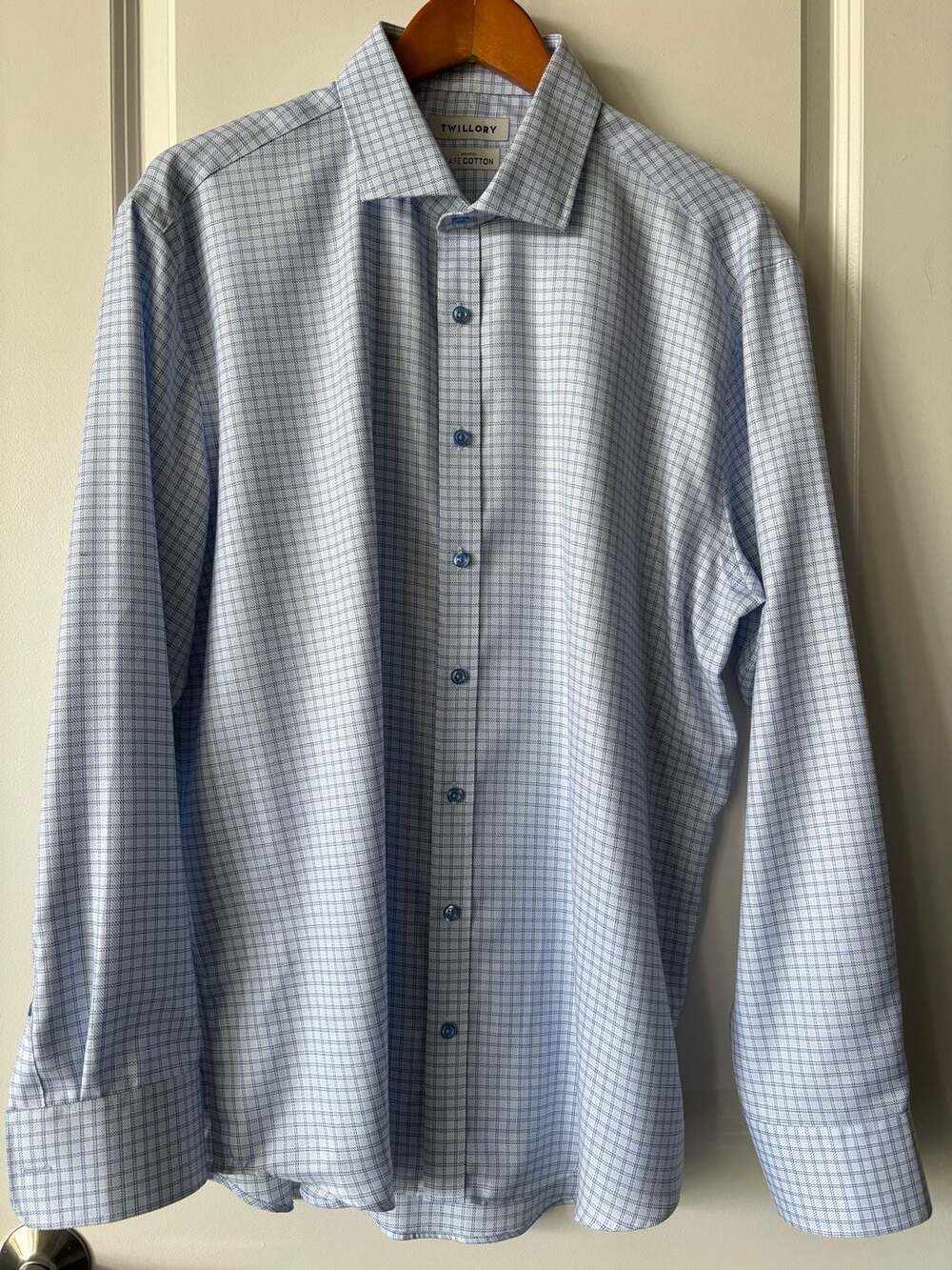 Twillory Blue Check Non Iron Safe Cotton Dress Shirt Size 17 34/35